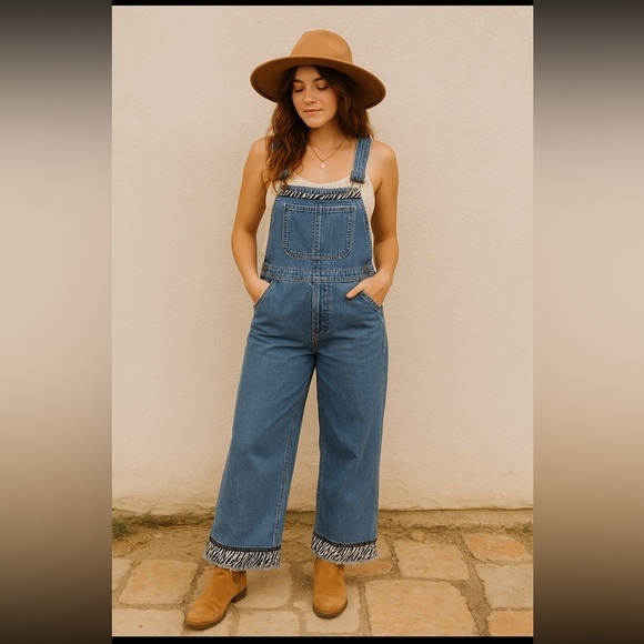 haik’s Pants - Vintage Y2K Wide Leg Denim Overalls Zebra Trim Boho 90s Vibe